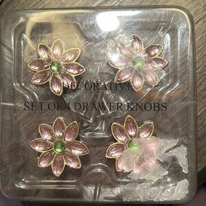 Drawer Knobs Silver Pink Green Flowers set of 4